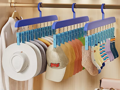 Hats Organized On Blue Clothespin Hangers With Wide Brim And Baseball Cap Storage 3d model
