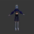 Blonde Woman in Blue Cropped Top Black Shorts with Purple Patterns White Socks Gray Background