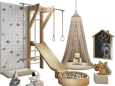 Kids Indoor Play Equipment With Climbing Wall Slide Swing Rings And Hanging Tent 3d model