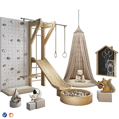 Kids Indoor Play Equipment With Climbing Wall Slide Swing Rings And Hanging Tent 3d model
