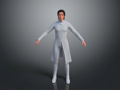 Woman in white long coat and long boots standing against gray background 3d model