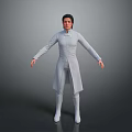 Woman in white long coat and long boots standing against gray background