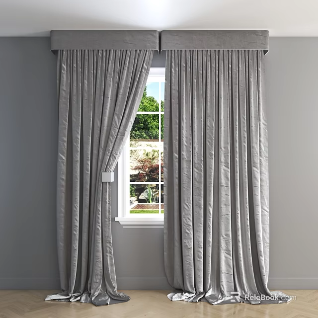 Soft Gray Curtains Partially Open At Window With Green Plants Outside View 3d model