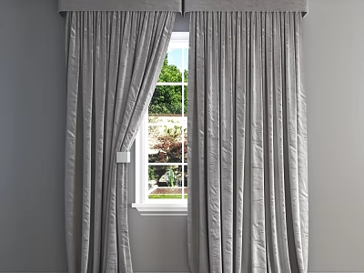 Soft Gray Curtains Partially Open At Window With Green Plants Outside View 3d model