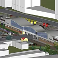 Modern Public Building Design With Curved Roof Glass Facade Surrounding Road Greenery And Vehicles