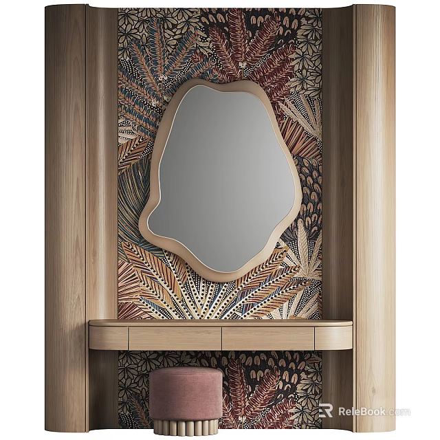 Stylish Wooden Vanity With Irregular Shaped Mirror Wooden Frame Colorful Botanical Wallpaper Drawers Pink Stool 3d model 