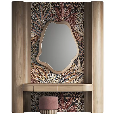 Stylish Wooden Vanity With Irregular Shaped Mirror Wooden Frame Colorful Botanical Wallpaper Drawers Pink Stool 3d model