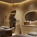 Serene Massage Room with Wooden Framed Beds White Towels Beige Walls and Soft Lighting