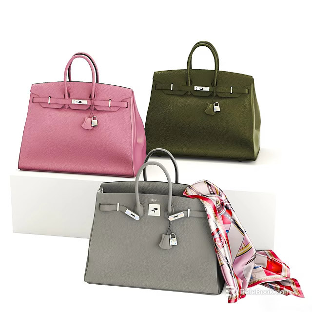 Classic Leather Handbags In Pink Green Gray With Structured Design And Silk Scarf 3d model