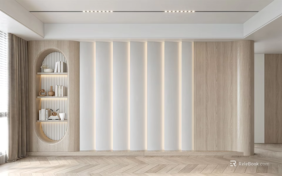 Modern Sofa Background Wall With Light Wood Panels Vertical Stripes And LED Lighting 3d model 