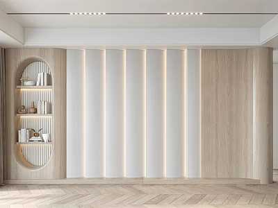 Modern Sofa Background Wall With Light Wood Panels Vertical Stripes And LED Lighting 3d model