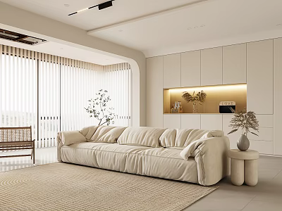 Large Beige Sofa In Modern Living Room With Windows Blinds And Side Table Plant 3d model