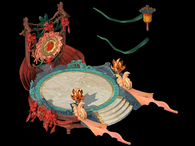 Cartoon Scene Featuring Ornate Circular Platform With Red Flowers Green Ribbons And Hanging Lantern 3d model