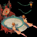Cartoon Scene Featuring Ornate Circular Platform With Red Flowers Green Ribbons And Hanging Lantern