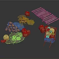 Rustic Market Scene Components With Potatoes Net Bags Wooden Sticks And Cart