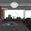 Modern Living Dining Room Interior With Dark Sofa Chandelier TV Wall And Decorative Items