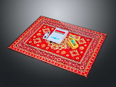 Household Items Arranged On Red Floral Pattern Carpet With Small Boxes And Dice 3d model
