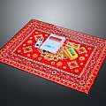 Household Items Arranged On Red Floral Pattern Carpet With Small Boxes And Dice
