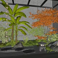 Indoor Landscape Design Featuring Large Green Plants Red Maple Tree Rock Formations And Stone Lantern