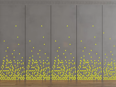 Gray Background Wall with Vertical Panels Yellow Triangles Hearts Gradually Decreasing from Bottom to Top 3d model