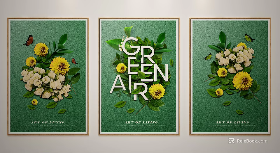 Green Botanical Art Prints Featuring Flowers Leaves And Art of Living Design 3d model 