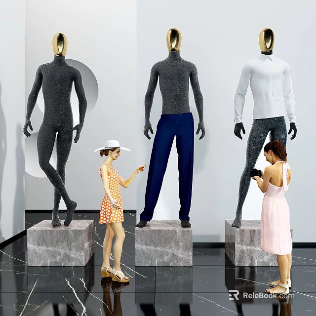 Fashion Mannequins Wearing Black Bodysuit White Top And Blue Pants On Marble Bases 3d model 