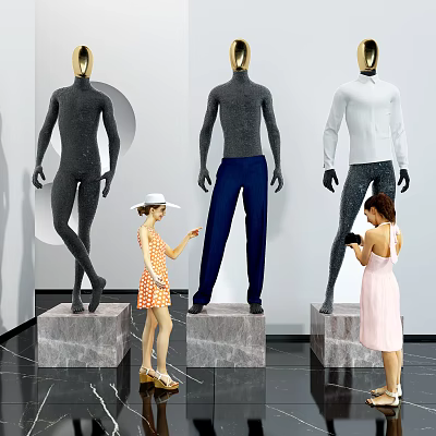 Fashion Mannequins Wearing Black Bodysuit White Top And Blue Pants On Marble Bases 3d model