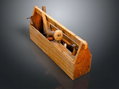 Vintage Wooden Toolbox Containing Assorted Hand Tools And Small Gear 3d model