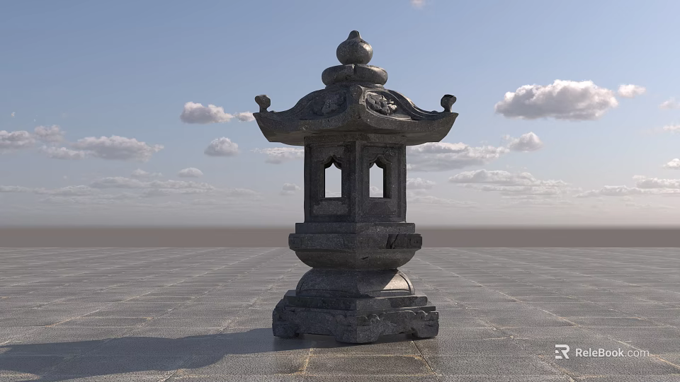 Traditional Carved Stone Lantern Sculpture On Stone Pavement With Blue Sky 3d model 