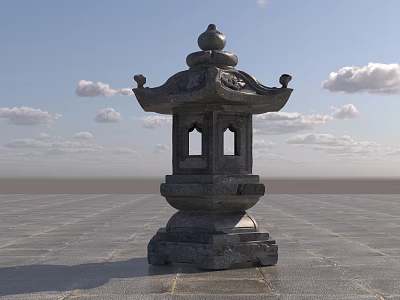 Traditional Carved Stone Lantern Sculpture On Stone Pavement With Blue Sky 3d model