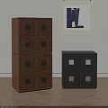 Wooden and Black Chest of Drawers with Square Drawers and Framed Artwork in Minimalist Room