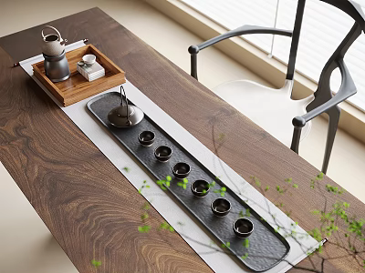 Elegant Tea Set Arranged On Wooden Table With Tray Cups And Green Plants Near Chair 3d model
