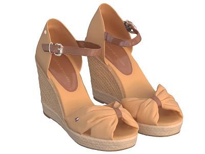 Beige Women's Wedge Sandals Brown Straps Bow Detail Woven Straw Sole Buckle Closure Casual Footwear 3d model