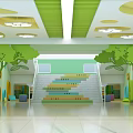 Kindergarten School Interior With Green Tree Decorations Colorful Steps And Bright Ceiling Lights 3d model