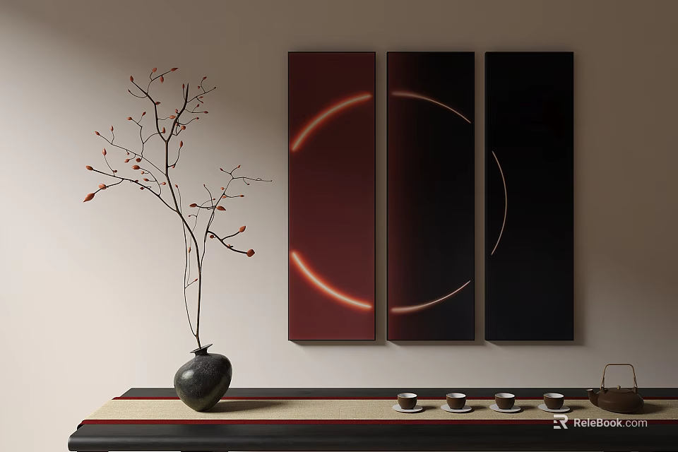 Three Panel Abstract Paintings With Red Dark Red Black Tones And Curved Lines On Wall 3d model 