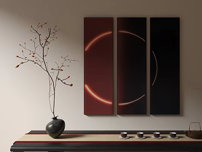 Three Panel Abstract Paintings With Red Dark Red Black Tones And Curved Lines On Wall 3d model
