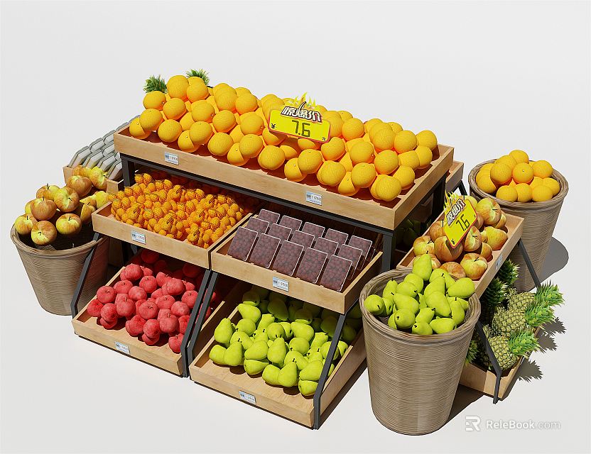 Fruit Display Shelves With Various Fresh Fruits And Price Tags In Market 3d model 