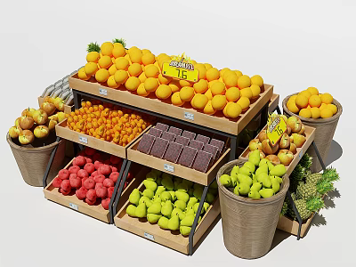Fruit Display Shelves With Various Fresh Fruits And Price Tags In Market 3d model