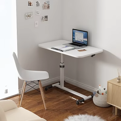 Modern white height-adjustable desk with open laptop documents and white chair on wooden floor 3d model