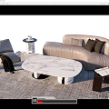 Modern Light Leather Sofa And Oval Marble Coffee Table Set With Pillows On Rug 3d model