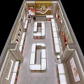Elegant Jewelry Store Interior Design Featuring Bright Lighting And Red White Display Counters 3d model