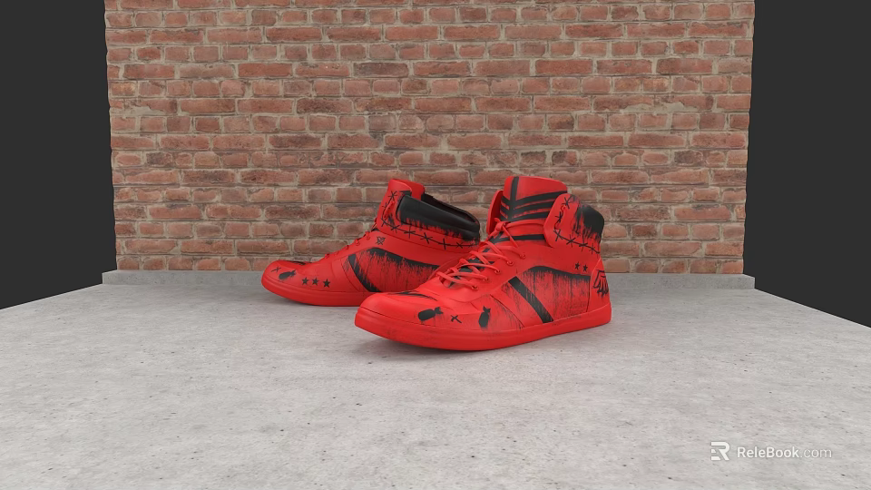 Stylish Red High Top Shoes With Black Graffiti Patterns On Red Brick Wall Background 3d model 