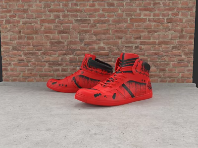Stylish Red High Top Shoes With Black Graffiti Patterns On Red Brick Wall Background 3d model