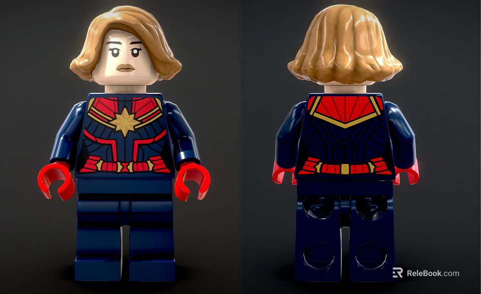 Detailed Lego Minifigure Blue Costume Golden Star Emblem Red Arms Blonde Hair Front Back View 3d model 