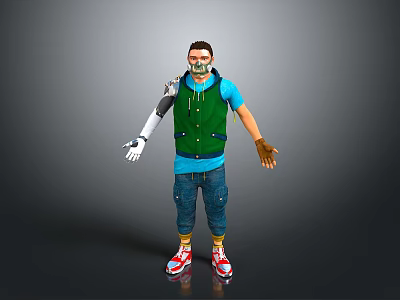 Game Movie Character with Mask Green Vest Blue T-shirt Mechanical Arm Blue Jeans Red Sneakers 3d model
