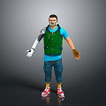 Game Movie Character with Mask Green Vest Blue T-shirt Mechanical Arm Blue Jeans Red Sneakers