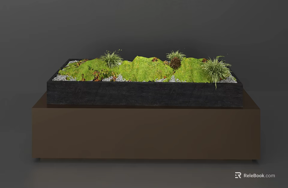 Miniature Garden Feature with Rectangular Container Green Grass Small Plants and Pebbles on Brown Base 3d model 