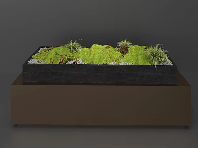Miniature Garden Feature with Rectangular Container Green Grass Small Plants and Pebbles on Brown Base 3d model