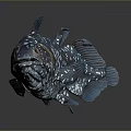 Blue Aquatic Fish with White Spots Multiple Fins and Reflection on Gray Surface