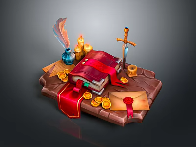 Mystic Collection Including Ancient Red Book Feather Quill Candles Cross Gold Coins Sealed Envelope 3d model